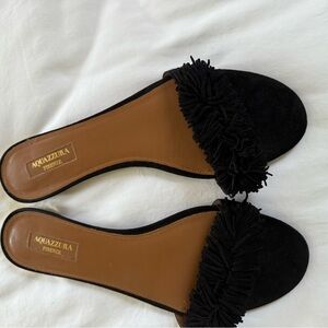 Aquazzura Black Fringe Slide Sandals